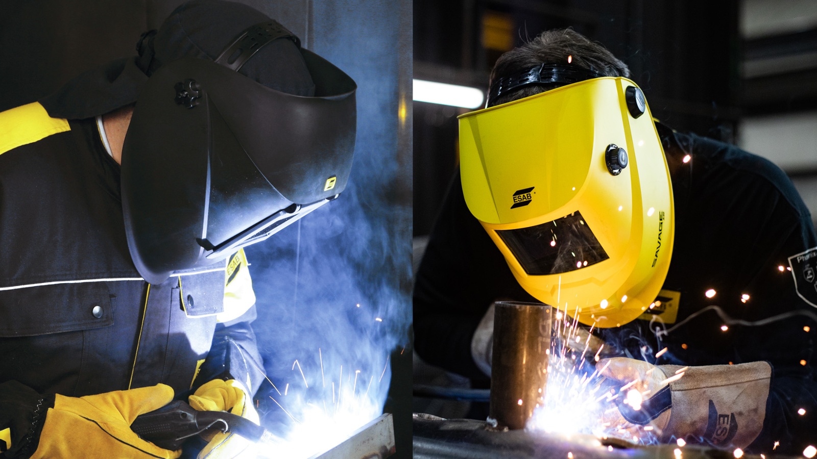 The welders welding in a passive welding helmet and an auto-darkening welding helmet.
