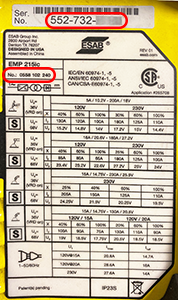 Model/part and serial numbers can be located on the rating plate of your equipment. Examples shown in image. If you need assistance locating this information, please contact your local ESAB sales representative.