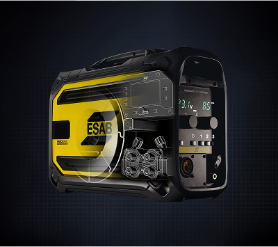 Warrior Edge MIG welding machine angled view, controls and LCD screen visible